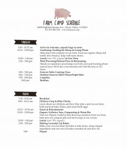 Itinerary for TFV Farm Camp 2019.