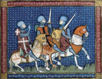 Medieval painting of 3 knights on horseback